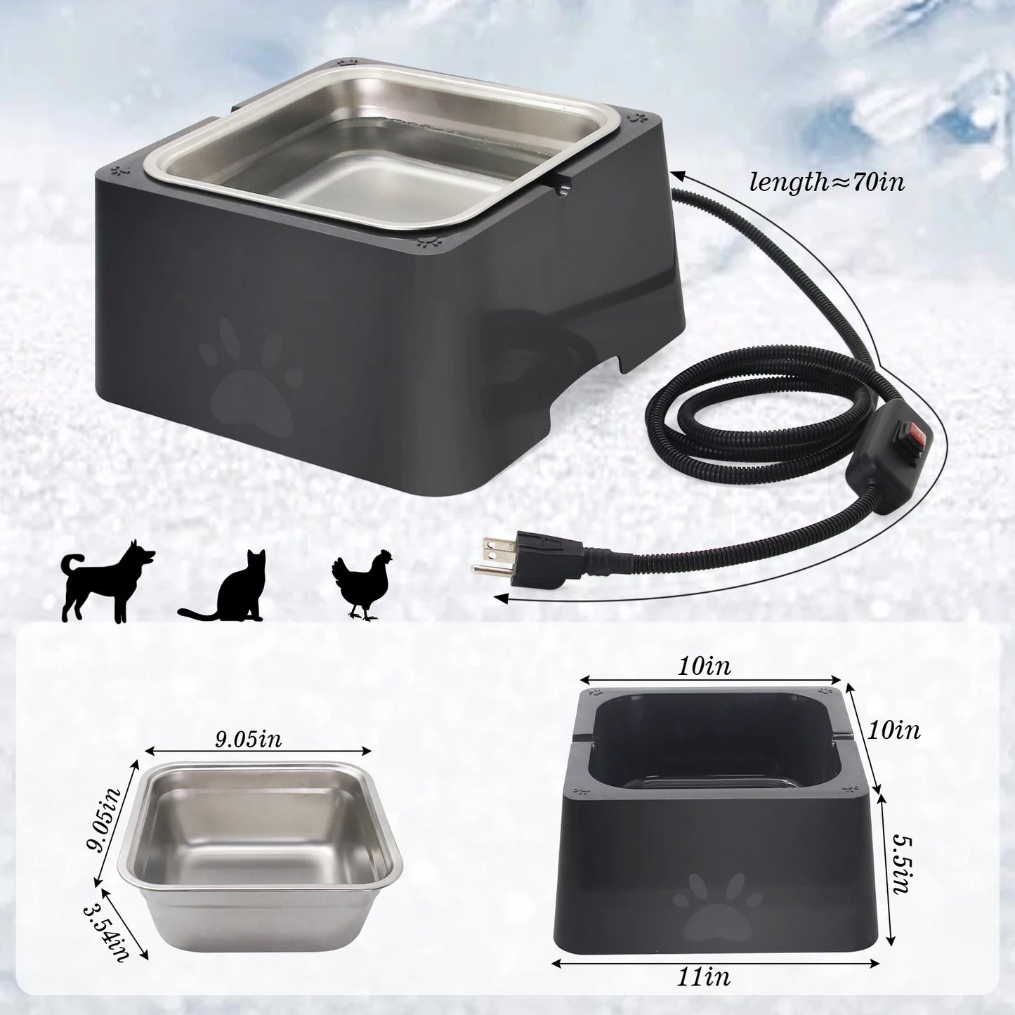 3.2L Large Capacity Heated Water Bowl for Dog Outdoor Heated Dog Bowl with Chew Resistant Power Cord, Waterproof Bowl in Winter