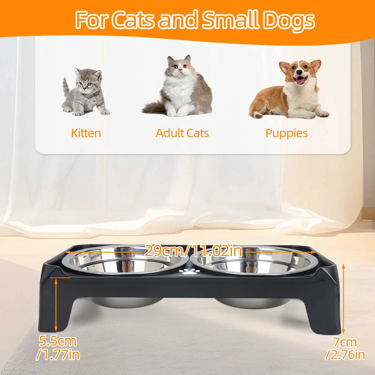 Single box packaging. Pet neck support double bowls - Easy to clean, with anti-slip pads, detachable, pet bowls, pet supplies