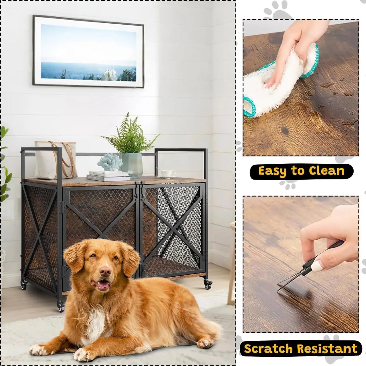 Large Wooden Dog Crate Furniture, Decorative End Table Indoor Dog House, With Lockable Wheels For Dogs, Heavy Duty Dog Cage