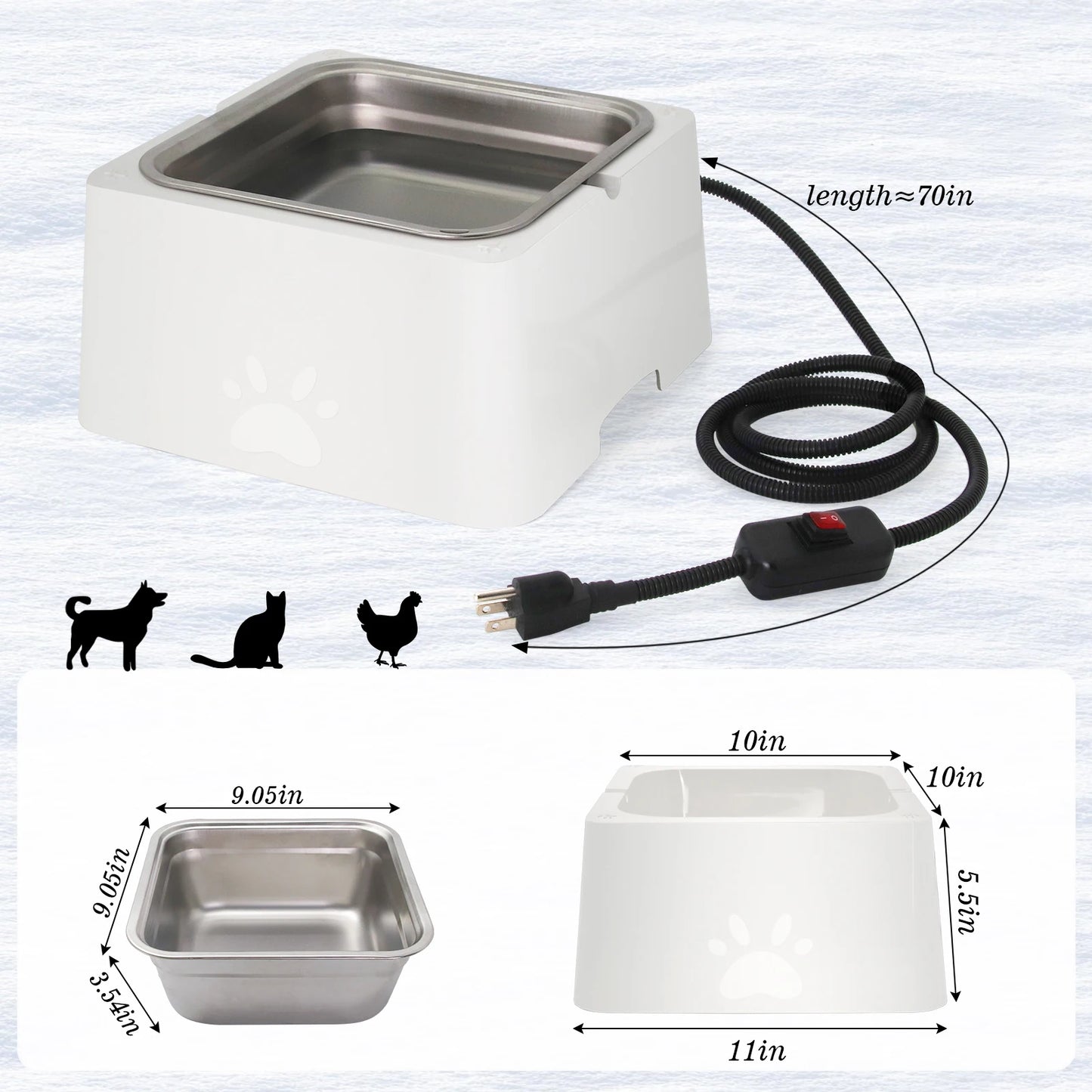 3.2L Large Capacity Heated Water Bowl for Dog Outdoor Heated Dog Bowl with Chew Resistant Power Cord, Waterproof Bowl in Winter