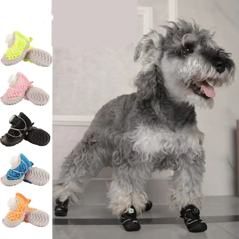 4pcs/set Regulable Breathable Dog Mesh Shoes Adjustable Reflective Pet Boots Soft Sole Anti-slip Dog Footwear Small Dogs